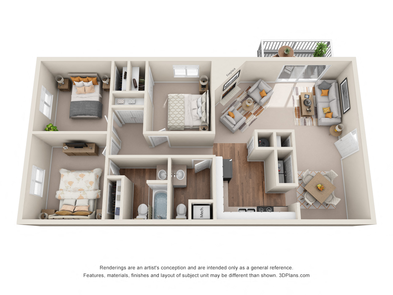Floor plan for 3 beds, 2 baths, 1237 sqft